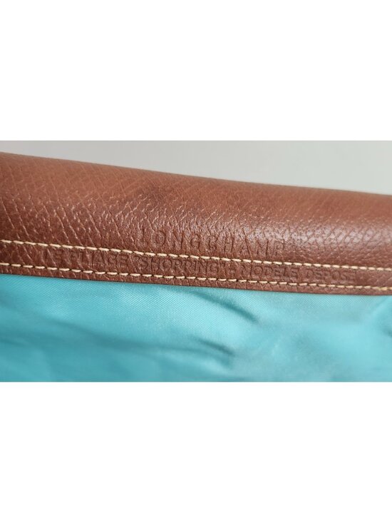 Longchamp Le Pliage Medium Tote Bag Blue Nylon Brown Leather Foldable bag - Picture 5 of 14